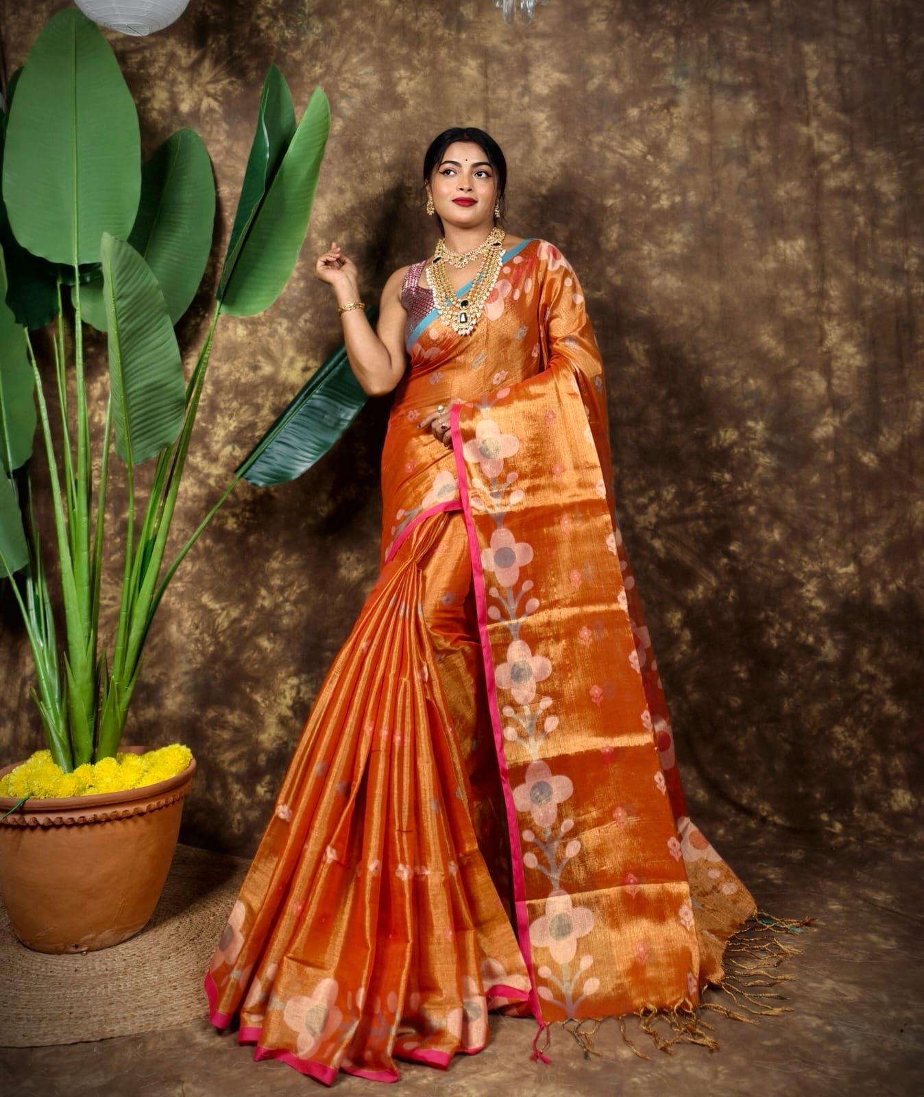 Sunflower Design Soft Dual Tone Tissue Sari - With Blouse Piece