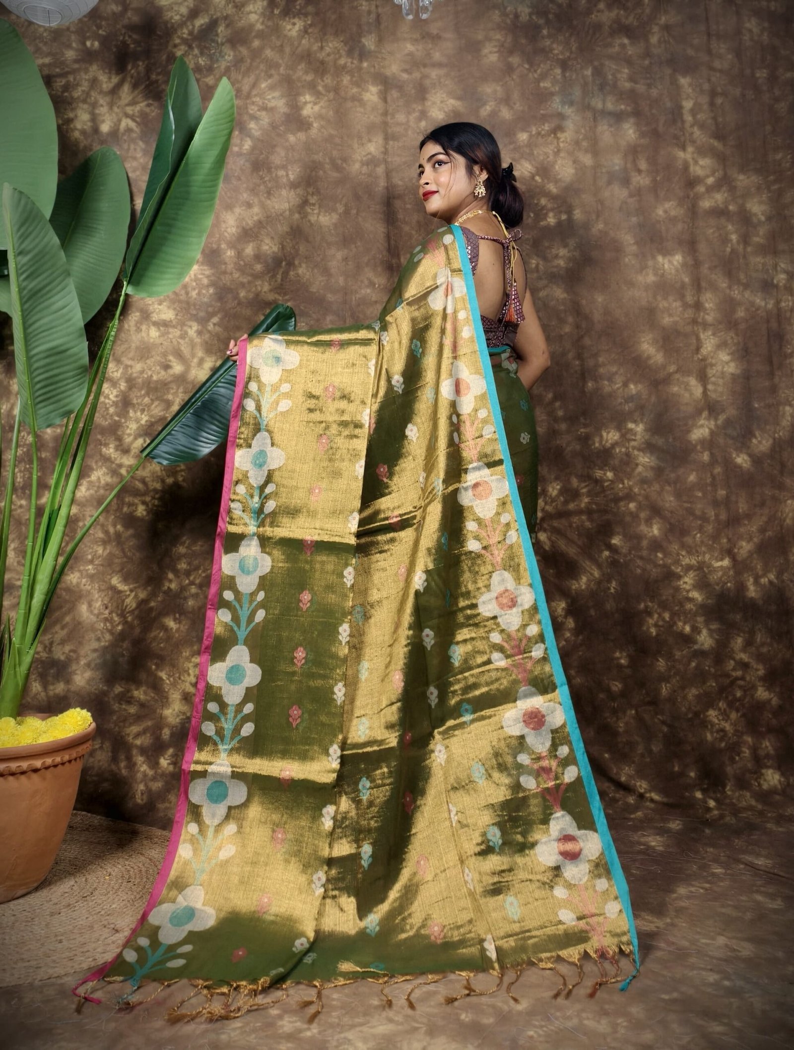 Sunflower Design Soft Dual Tone Tissue Sari - With Blouse Piece