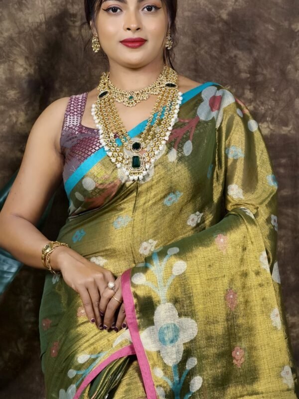 Sunflower Design Soft Dual Tone Tissue Sari - With Blouse Piece