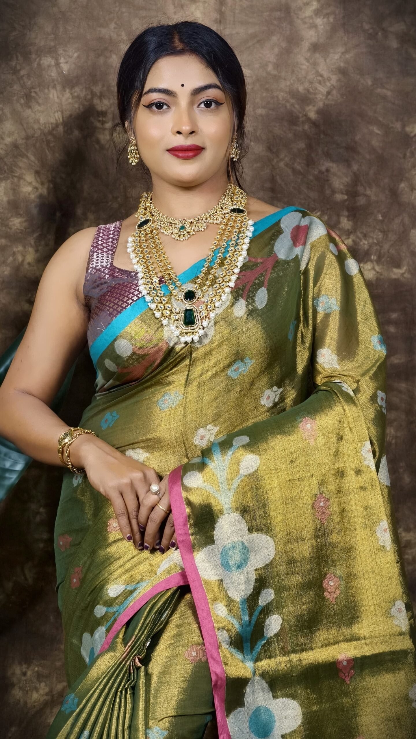 Sunflower Design Soft Dual Tone Tissue Sari - With Blouse Piece