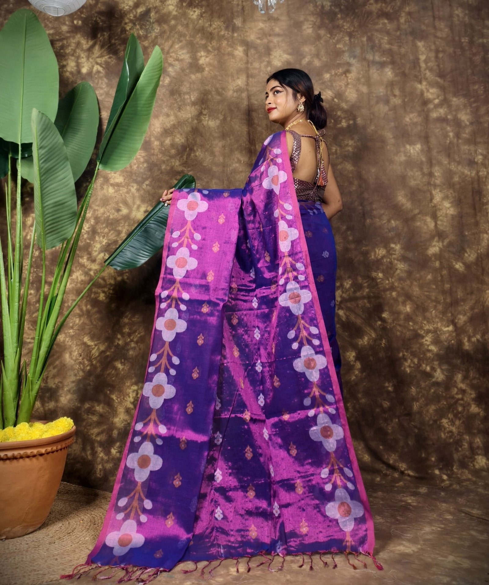 Sunflower Design Soft Dual Tone Tissue Sari - With Blouse Piece