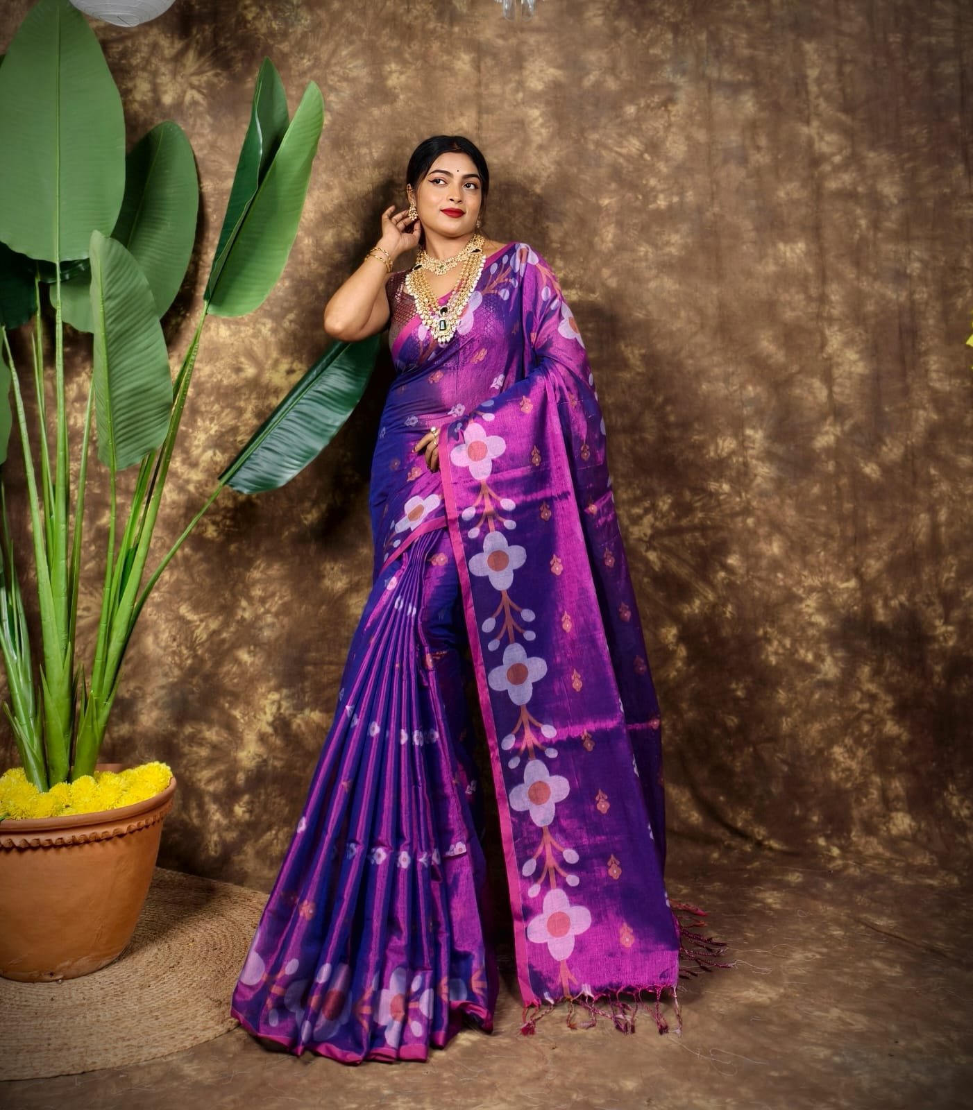 Sunflower Design Soft Dual Tone Tissue Sari - With Blouse Piece