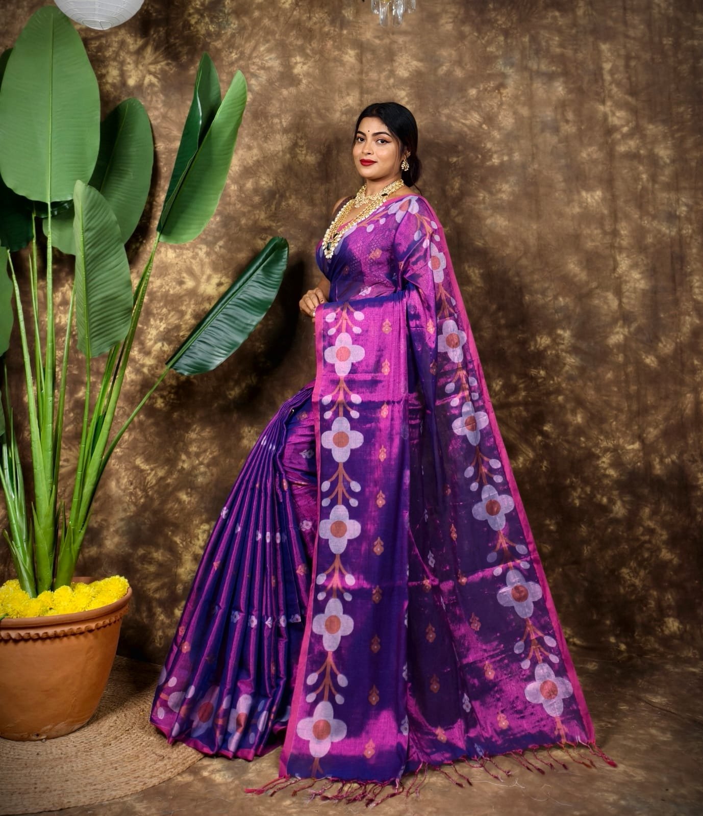 Sunflower Design Soft Dual Tone Tissue Sari - With Blouse Piece