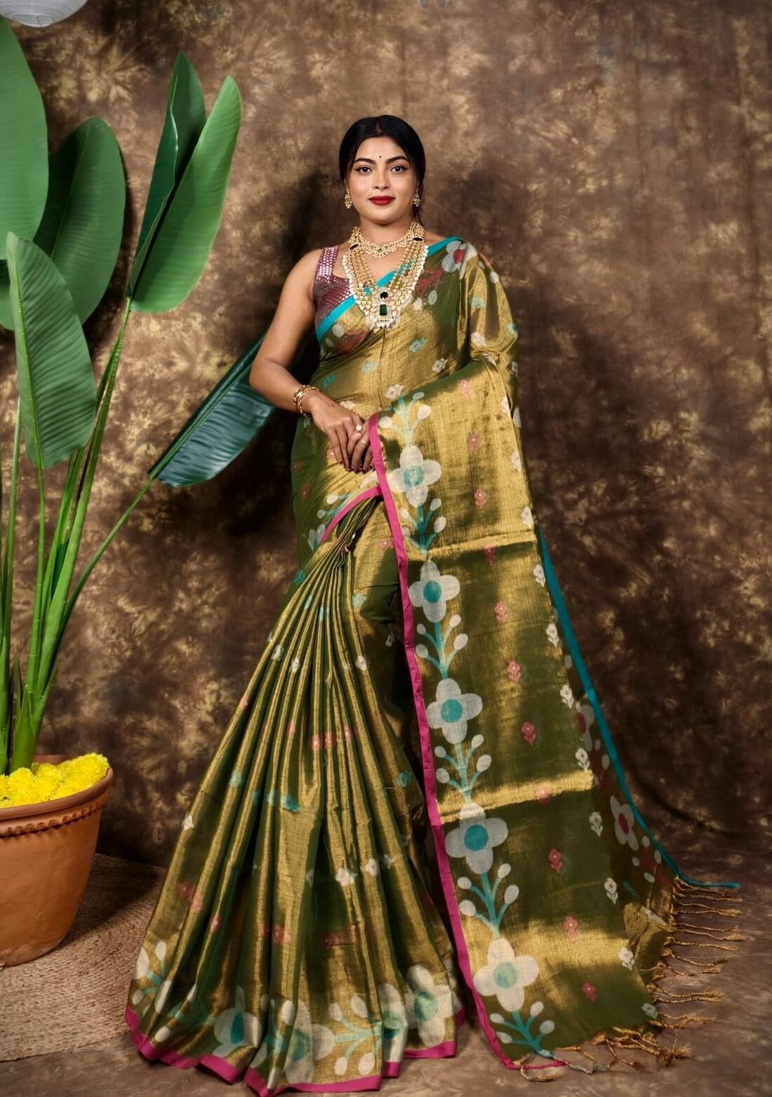 Sunflower Design Soft Dual Tone Tissue Sari - With Blouse Piece