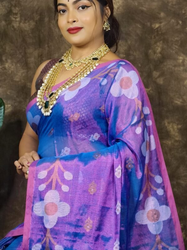 Sunflower Design Soft Dual Tone Tissue Sari - With Blouse Piece