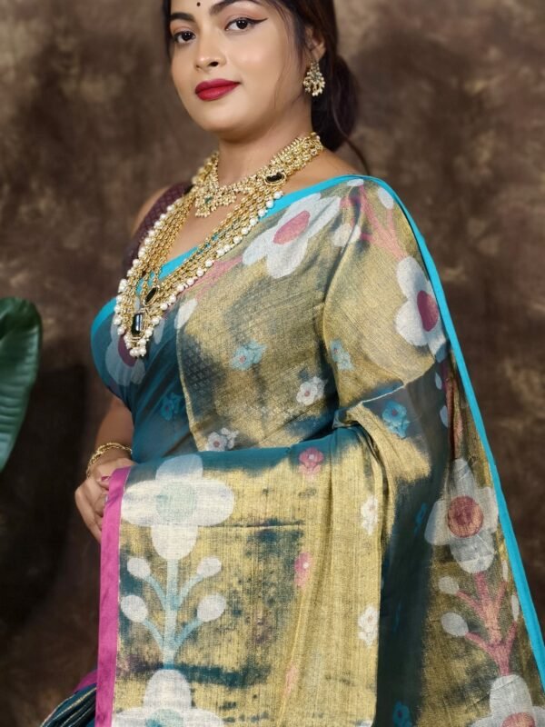 Sunflower Design Soft Dual Tone Tissue Sari - With Blouse Piece
