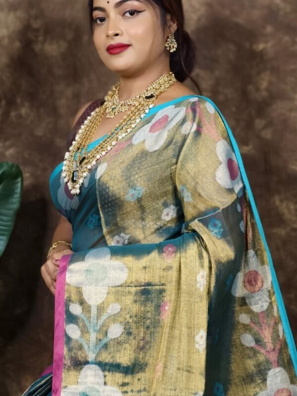 Sunflower Design Soft Dual Tone Tissue Sari - With Blouse Piece