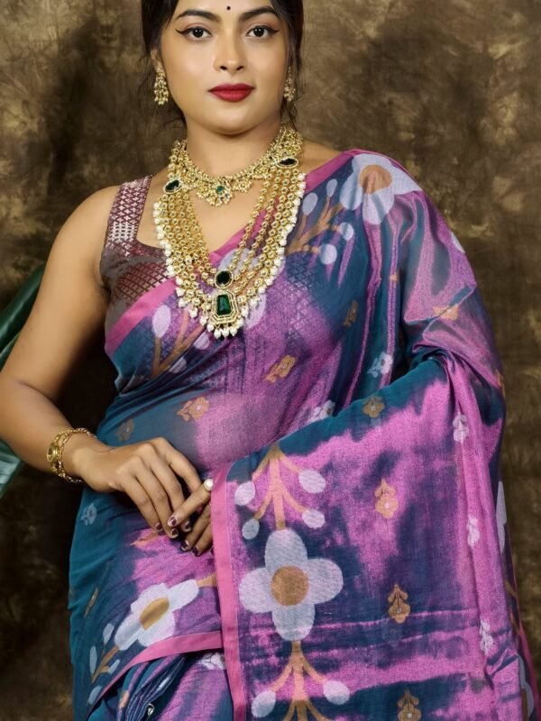 Sunflower Design Soft Dual Tone Tissue Sari - With Blouse Piece