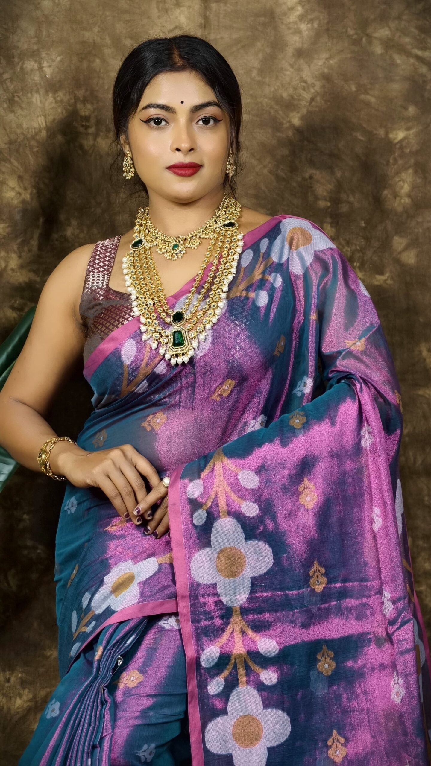 Sunflower Design Soft Dual Tone Tissue Sari - With Blouse Piece