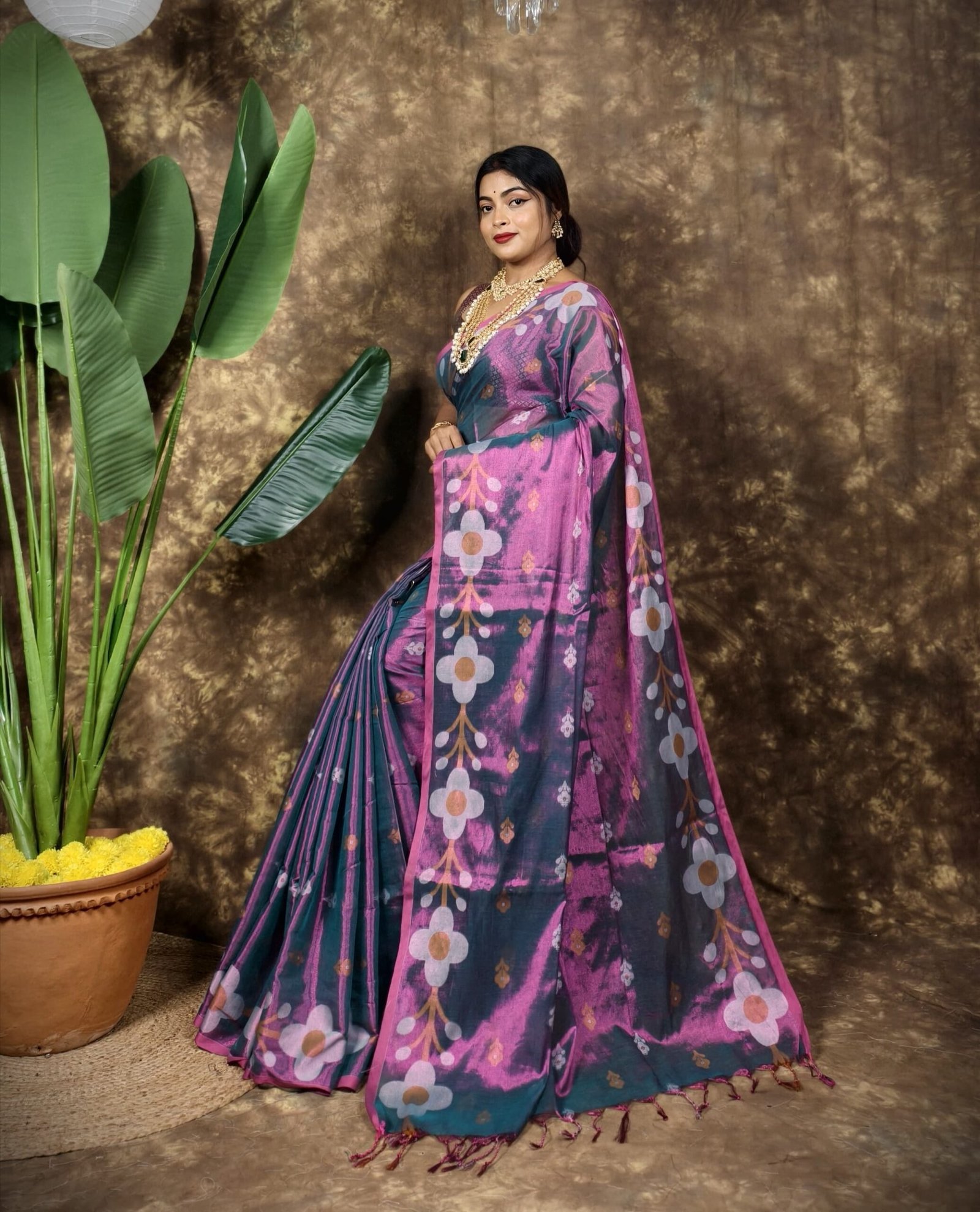 Sunflower Design Soft Dual Tone Tissue Sari - With Blouse Piece