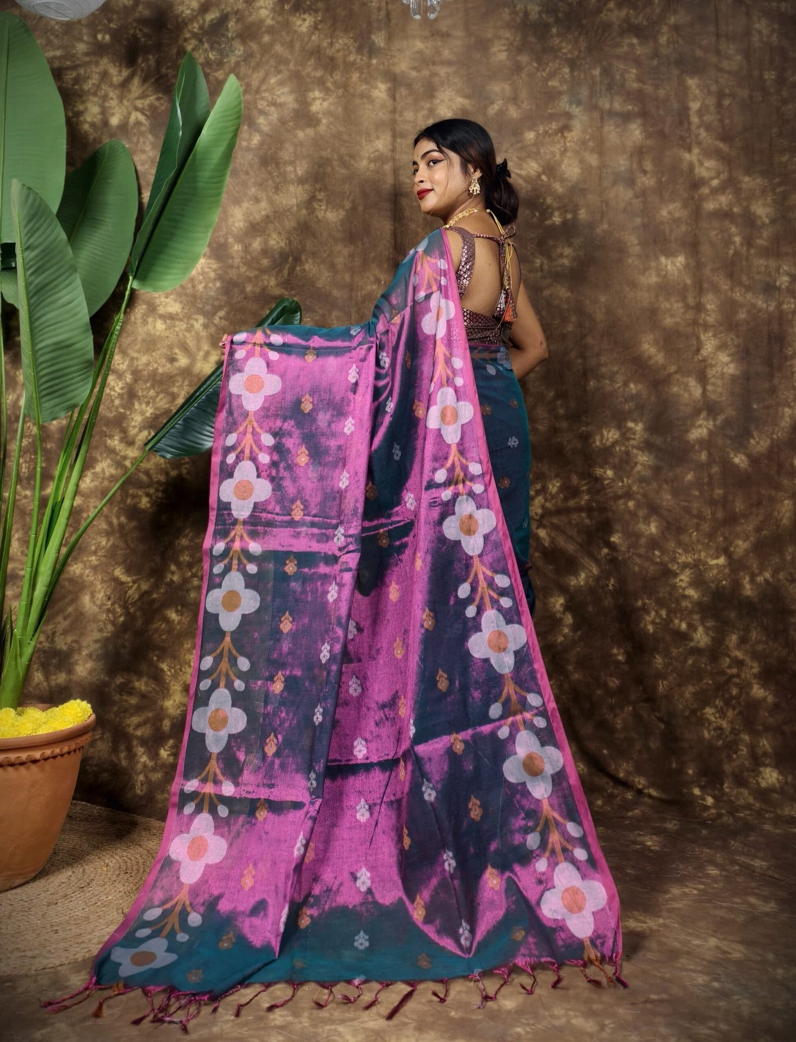 Sunflower Design Soft Dual Tone Tissue Sari - With Blouse Piece