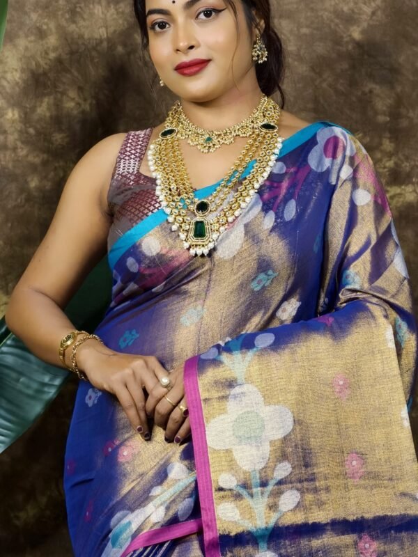 Sunflower Design Soft Dual Tone Tissue Sari - With Blouse Piece
