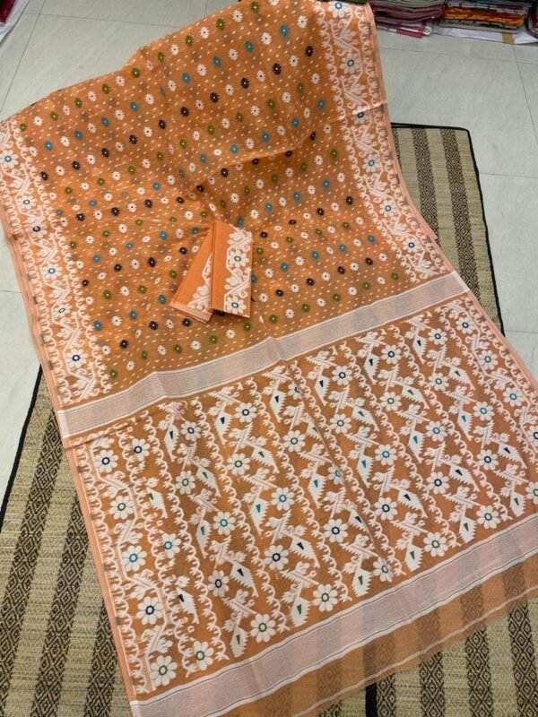 Shiuli Korat Soft Dhakai Jamdani Saree with Blouse Piece - Dull Orange