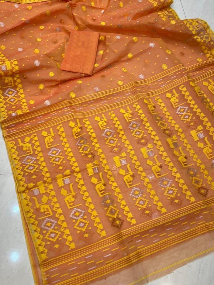 Patli Pallu Soft Dhakai Jamdani Sari with Blouse Piece - Dull Orange - Image 2