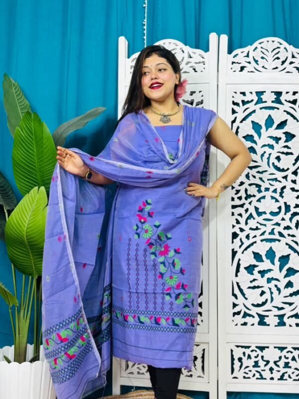 2 Piece Unstitched Soft Jamdani Churidar Set - Dusky Blue