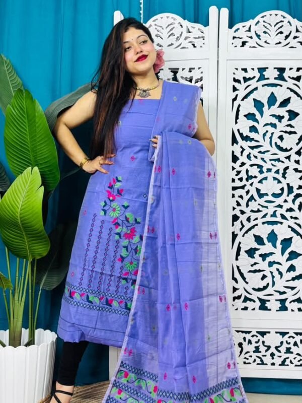 2 Piece Unstitched Soft Jamdani Churidar Set - Dusky Blue