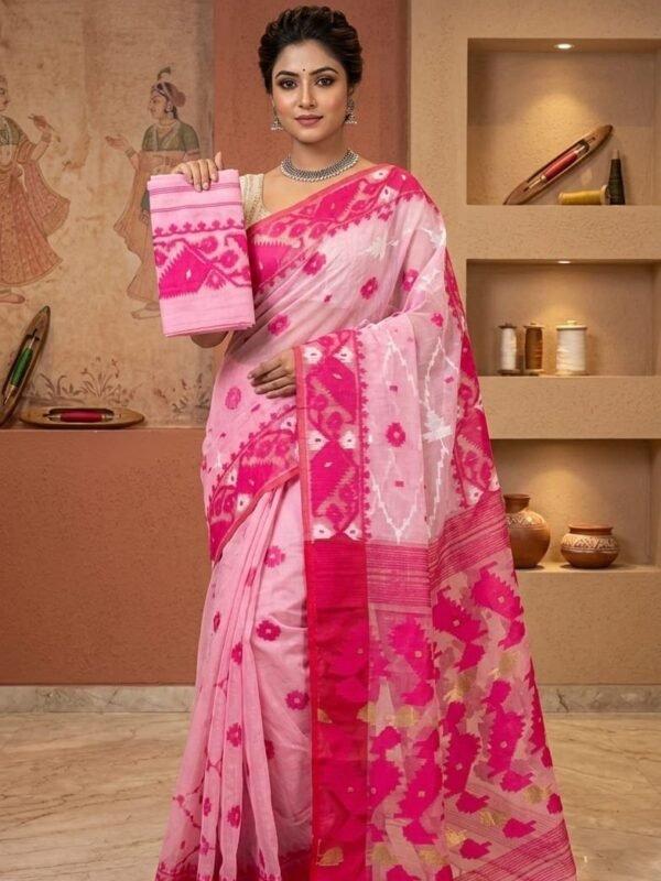 Buti Jal Soft Dhakai Jamdani Sari with Blouse Piece - Dusty Pink