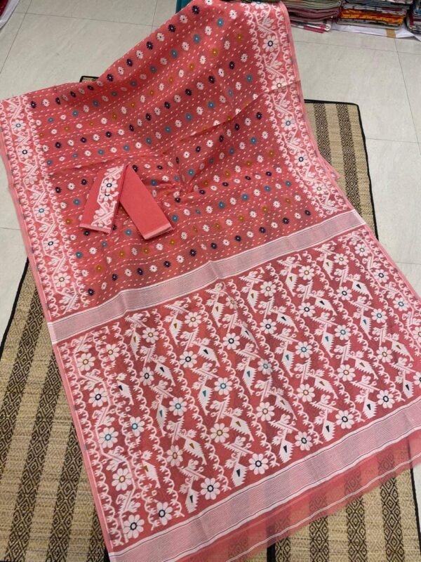 Shiuli Korat Soft Dhakai Jamdani Saree with Blouse Piece - Dusty Red