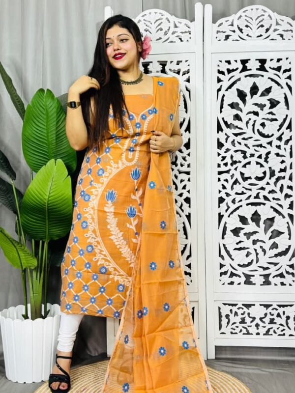 Unstitched Soft Jamdani Churidar Piece - Faded Orange