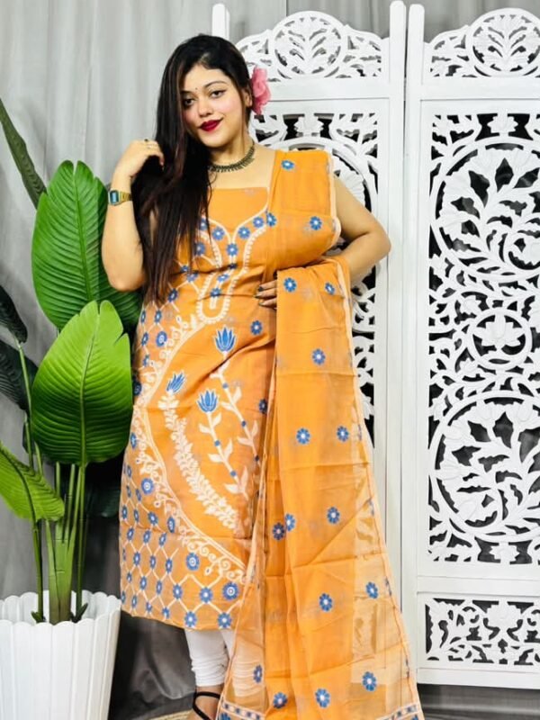 Unstitched Soft Jamdani Churidar Piece - Faded Orange