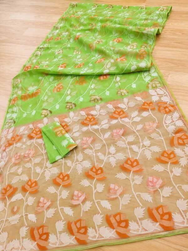 Water Lily Soft Dhakai Jamdani Saree with Blouse Piece - Green Peas