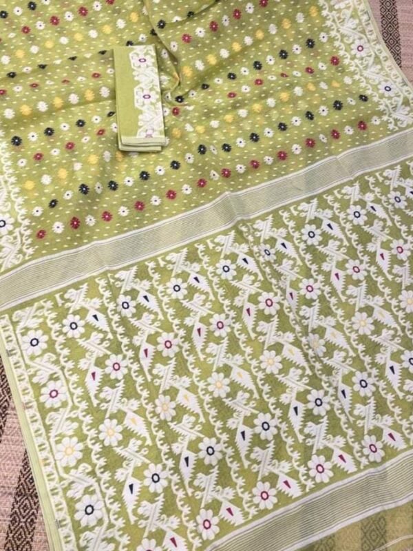 Shiuli Korat Soft Dhakai Jamdani Saree with Blouse Piece - Greenish Tan