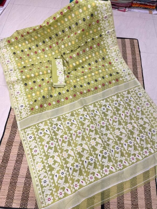 Shiuli Korat Soft Dhakai Jamdani Saree with Blouse Piece - Greenish Tan