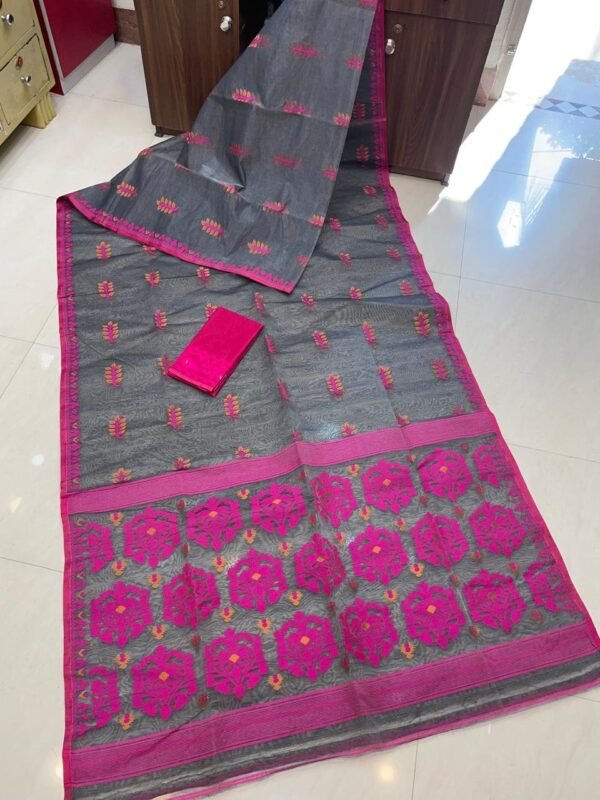 Soft Dhakai Jamdani Saree with Blouse Piece - Grey