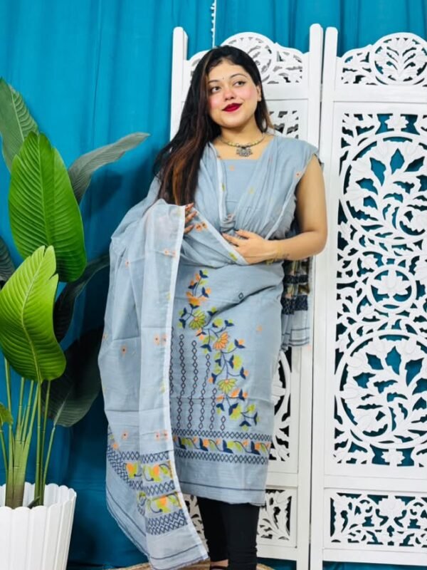 2 Piece Unstitched Soft Jamdani Churidar Set - Grey