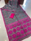 Soft Dhakai Jamdani Saree with Blouse Piece - Grey - Image 2