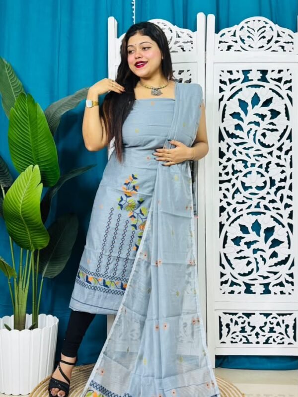 2 Piece Unstitched Soft Jamdani Churidar Set - Grey