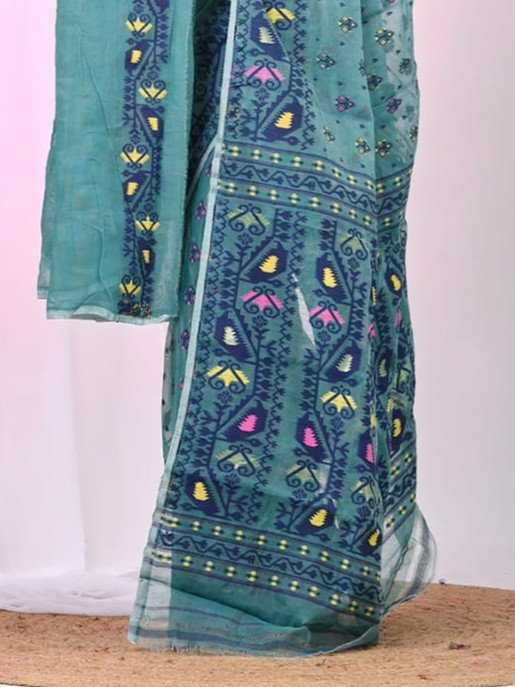 Ikkat Soft Dhakai Jamdani Sari with Blouse Piece - Hippie Blue