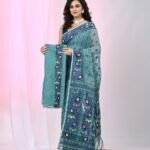 Ikkat Soft Dhakai Jamdani Sari with Blouse Piece - Hippie Blue