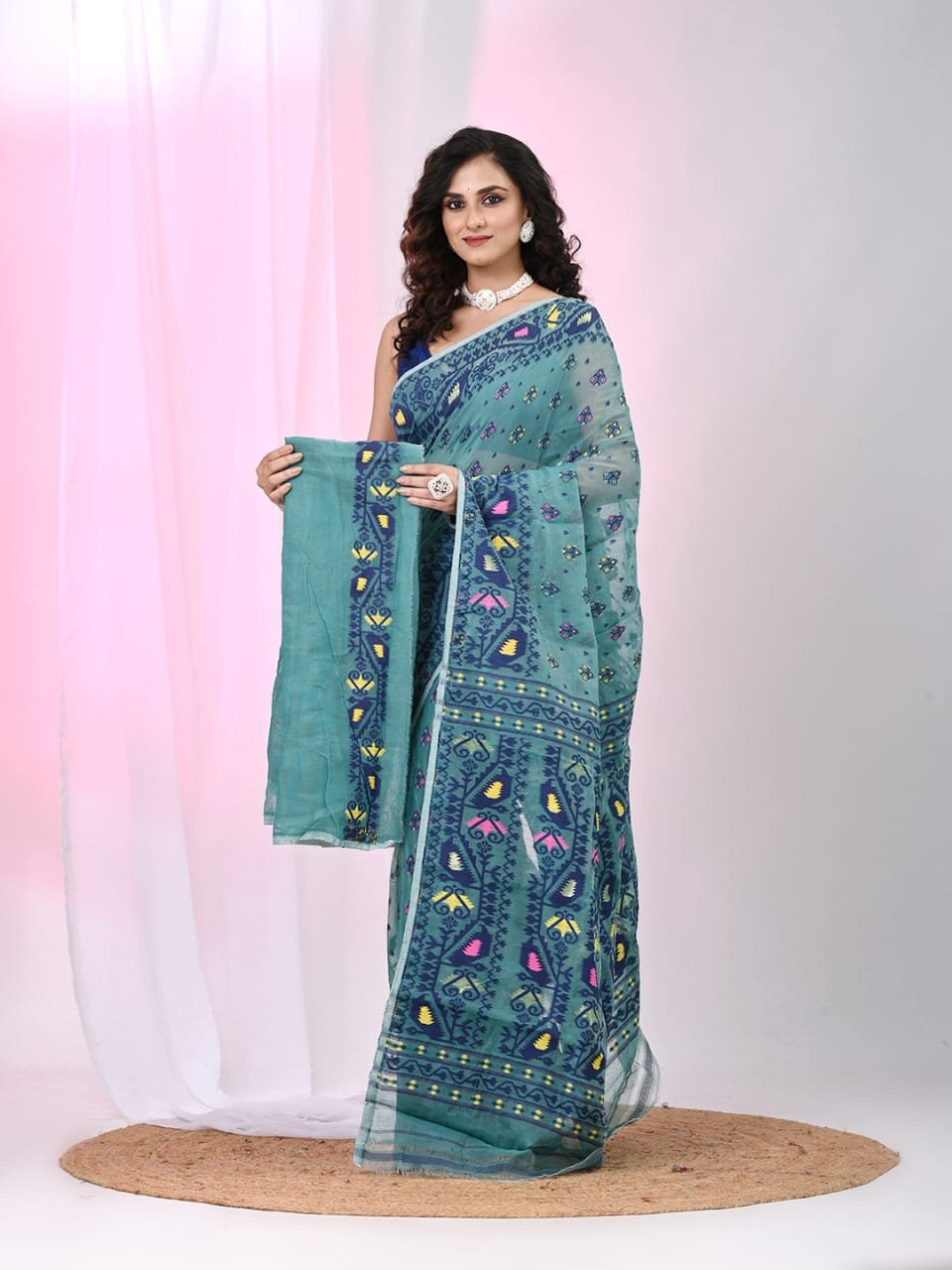 Ikkat Soft Dhakai Jamdani Sari with Blouse Piece - Hippie Blue