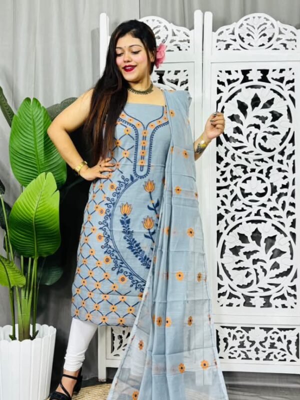 Unstitched Soft Jamdani Churidar Piece - Hit Grey