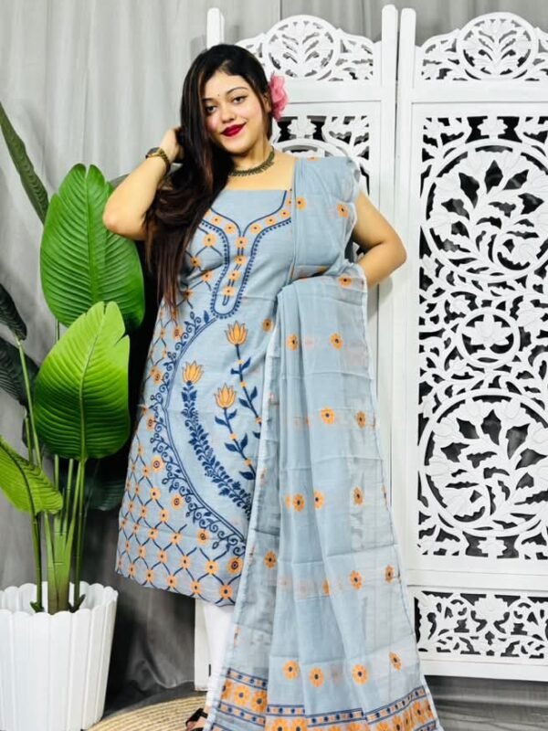 Unstitched Soft Jamdani Churidar Piece - Hit Grey