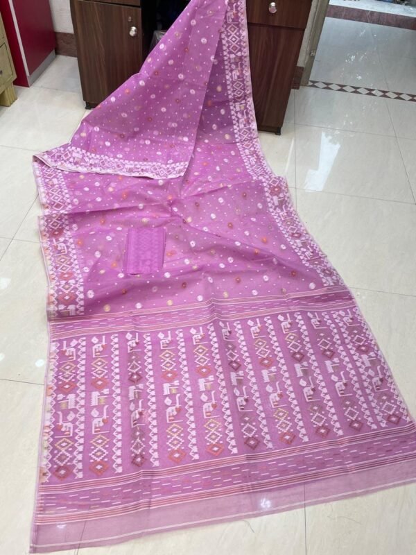 Patli Pallu Soft Dhakai Jamdani Sari with Blouse Piece - Lavender Pink