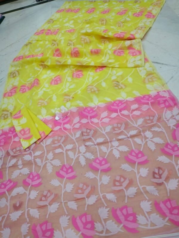 Water Lily Soft Dhakai Jamdani Saree with Blouse Piece - Lemon