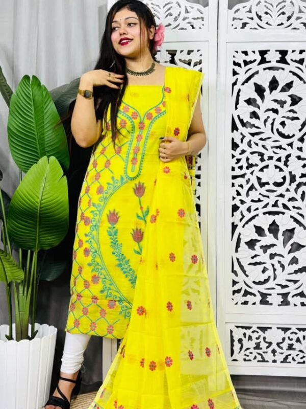 Unstitched Soft Jamdani Churidar Piece - Lemon Yellow