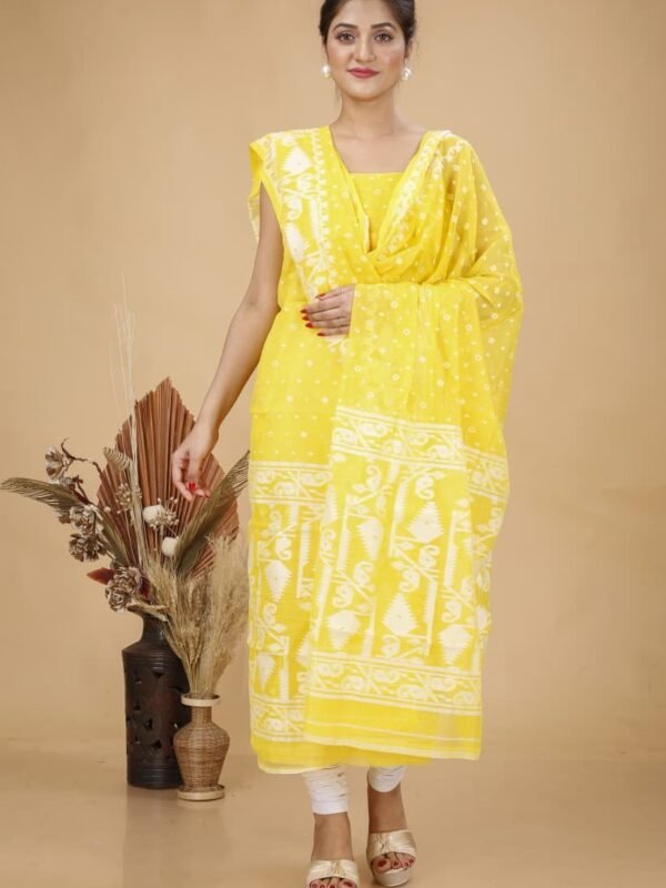 2 Piece Unstitched Soft Jamdani Churidar Set - Lemon Yellow