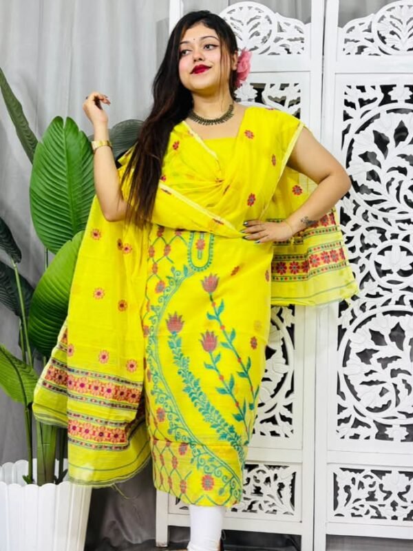 Unstitched Soft Jamdani Churidar Piece - Lemon Yellow