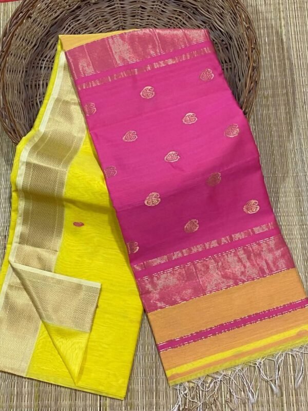 Maheshwari Design Handloom Jamdani Sari with Blouse Piece - Lemon Yellow