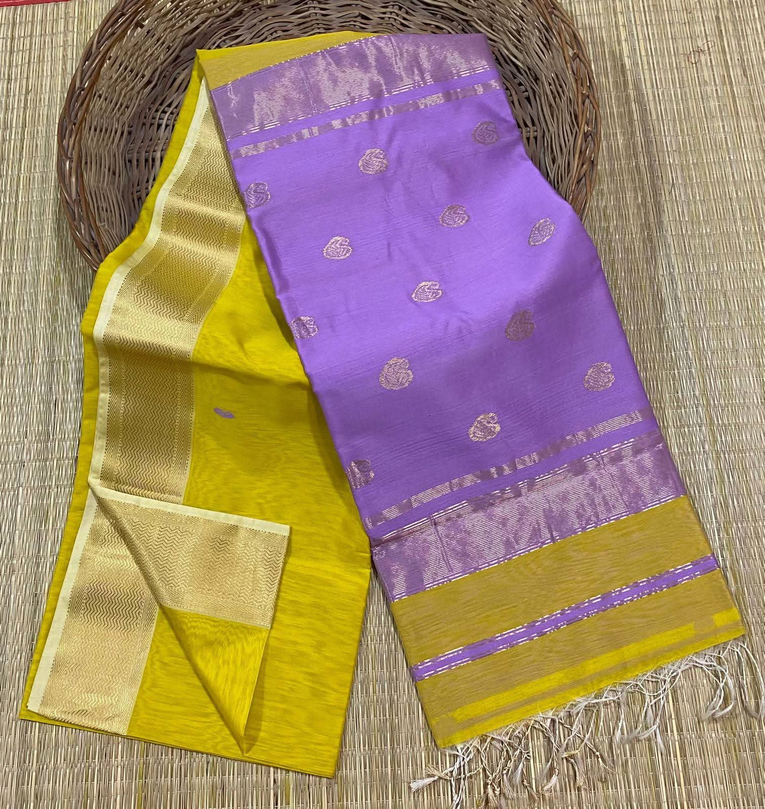 Maheshwari Design Handloom Jamdani Sari with Blouse Piece - Lemon Yellow