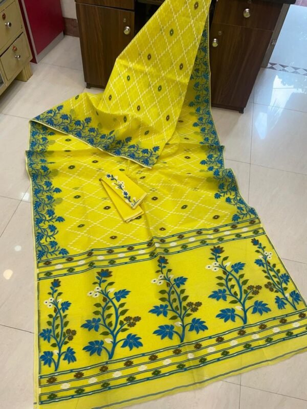 Lemon Yellow Soft Crosslota Dhakai Jamdani Sari