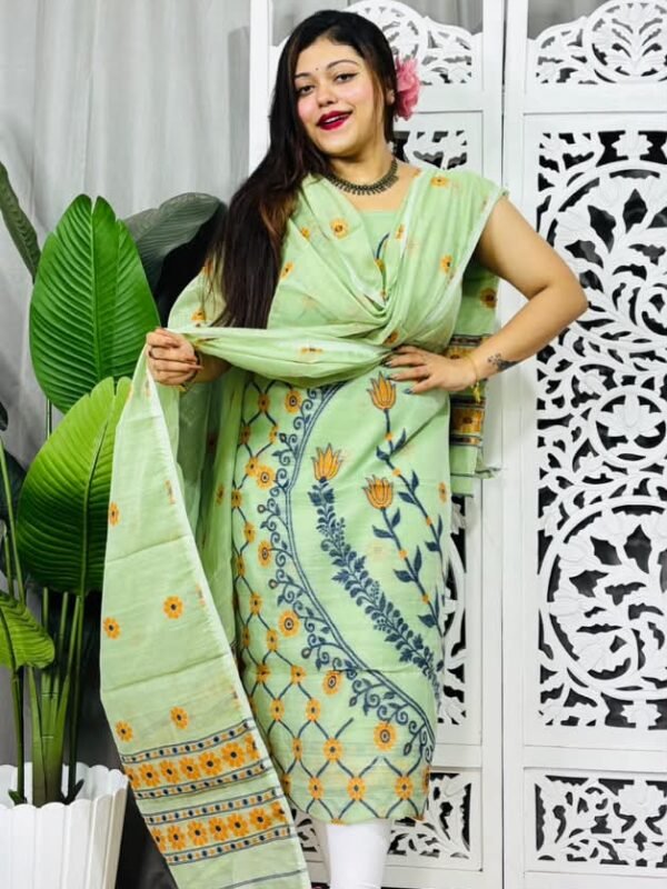 Unstitched Soft Jamdani Churidar Piece - Light Grey Green