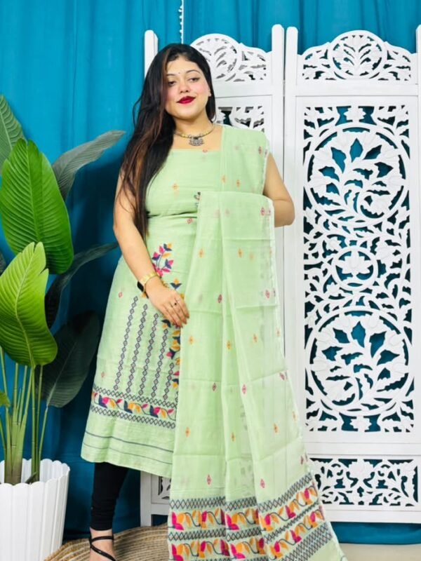 2 Piece Unstitched Soft Jamdani Churidar Set - Light Grey Green