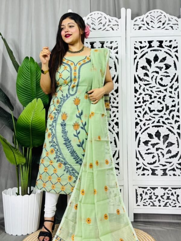 Unstitched Soft Jamdani Churidar Piece - Light Grey Green