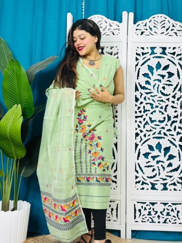 2 Piece Unstitched Soft Jamdani Churidar Set - Light Grey Green