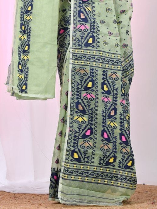 Ikkat Soft Dhakai Jamdani Sari with Blouse Piece - Light Olive