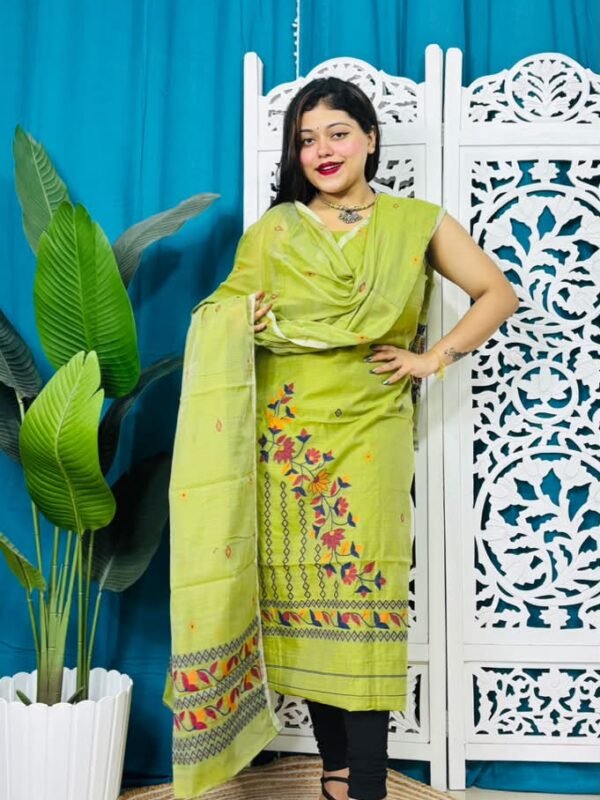 2 Piece Unstitched Soft Jamdani Churidar Set - Light Olive Green